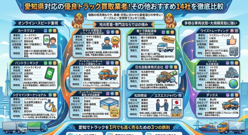 愛知県対応の優良トラック買取業者!その他おすすめ14社を徹底比較