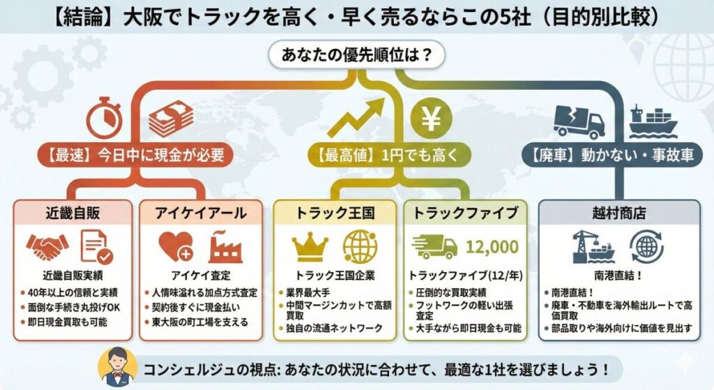 【結論】大阪でトラックを高く・早く売るならこの5社(目的別比較)