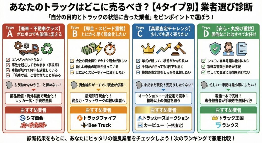 あなたのトラックはどこに売るべき?【4タイプ別】業者選び診断