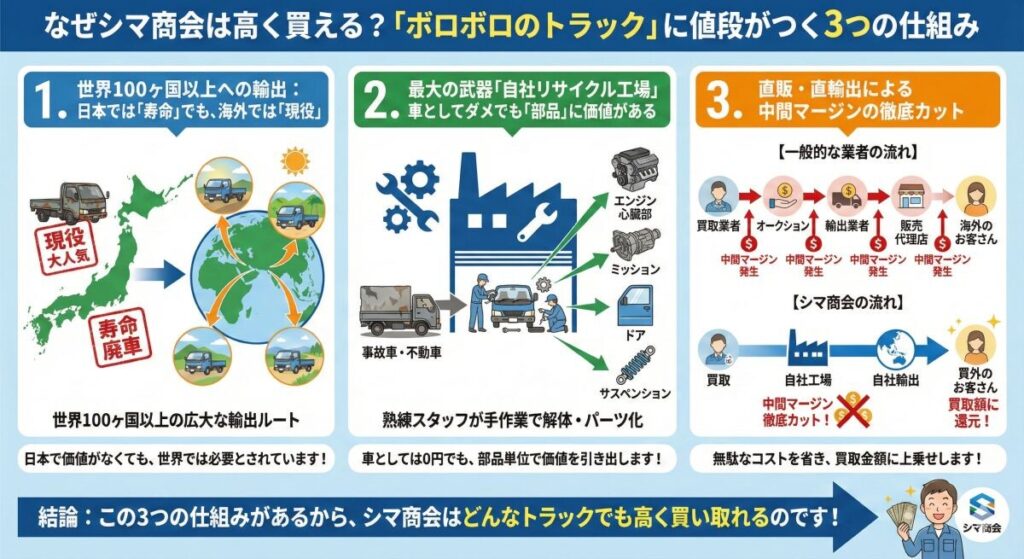 なぜシマ商会は高く買える?「ボロボロのトラック」に値段がつく3つの仕組み