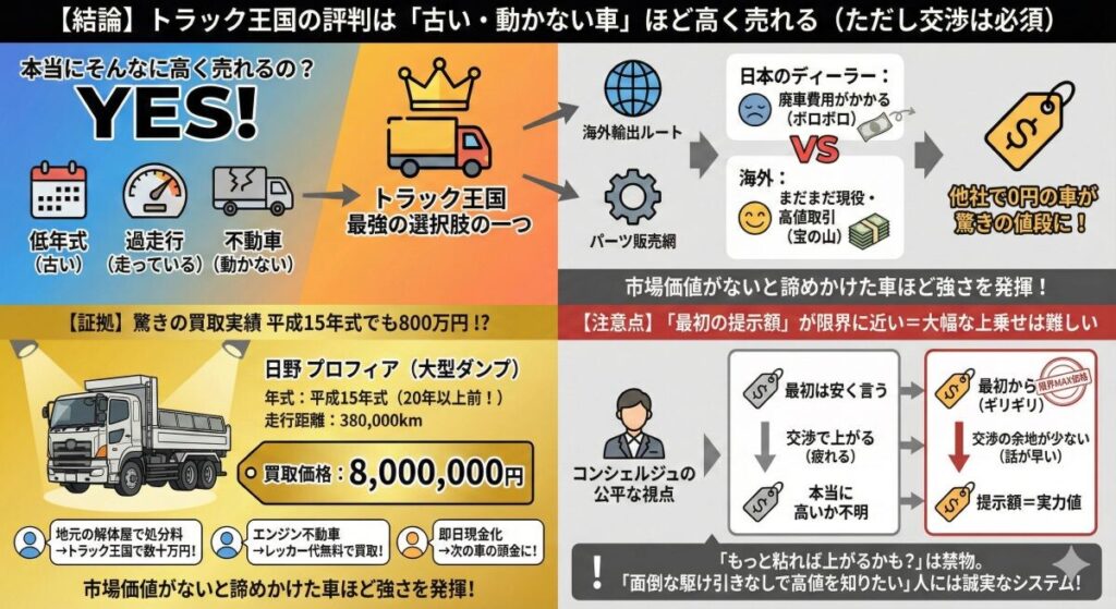 【結論】トラック王国の評判は「古い・動かない車」ほど高く売れる(ただし交渉は必須)