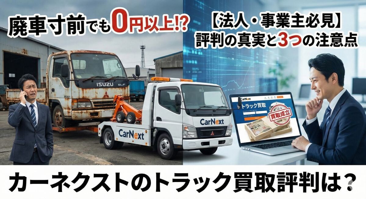 【法人・事業主必見】カーネクストのトラック買取評判は?廃車寸前でも0円以上になる理由と「3つの注意点」のアイキャッチ