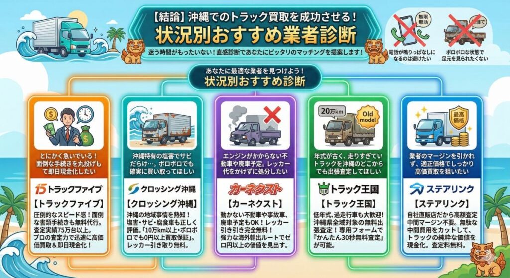 【結論】沖縄でのトラック買取を成功させる!状況別おすすめ業者診断