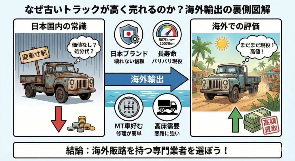 【結論】なぜ「古い・ボロボロ」のトラックが高く売れるのか?海外輸出の裏側