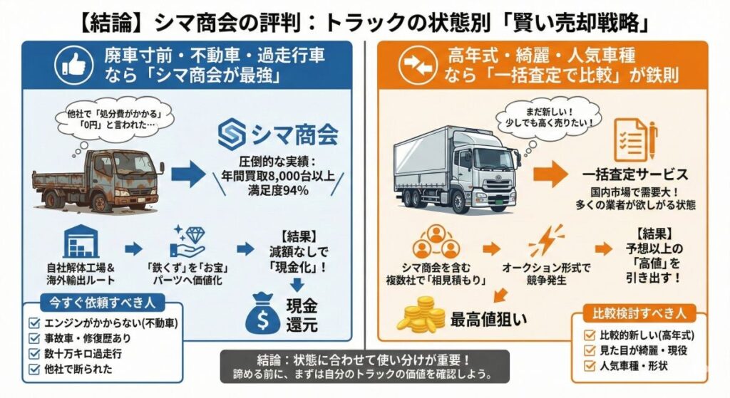【結論】シマ商会の評判は?廃車・不動車なら「最強」だが、高年式車は「比較」すべき
