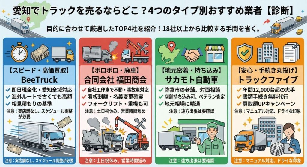 【診断】愛知でトラックを売るならどこ?4つのタイプ別おすすめ業者