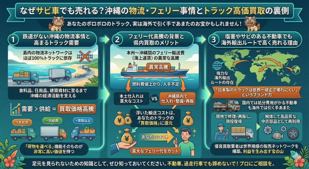 なぜサビ車でも売れる?沖縄の物流・フェリー事情とトラック高価買取の裏側