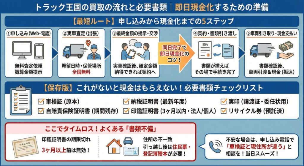 トラック王国の買取の流れと必要書類|即日現金化するための準備