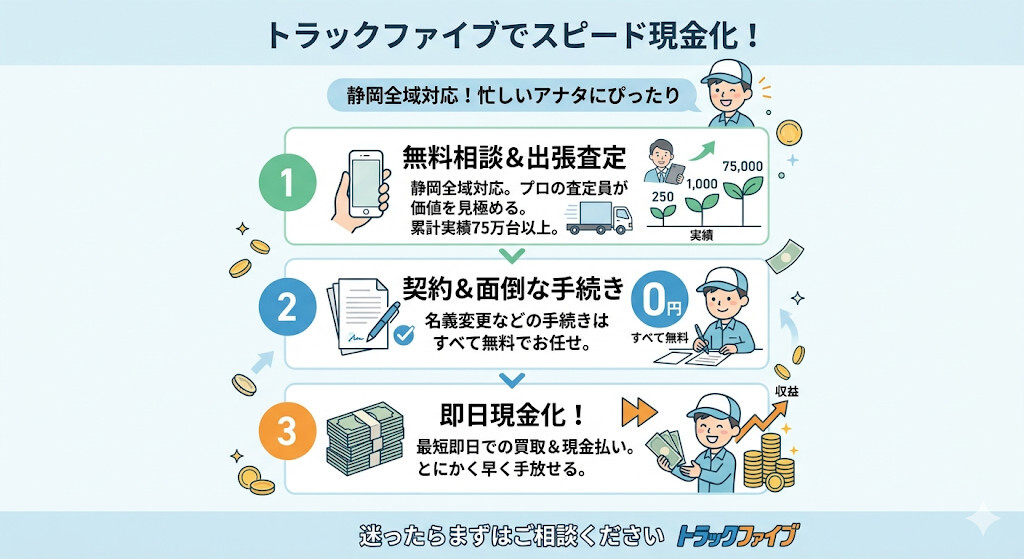 圧倒的なスピードと実績!すぐに現金化したいなら「トラックファイブ」をわかりやすく図解