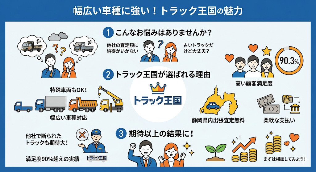 幅広い車種に強い!満足度で選ぶなら「トラック王国」をわかりやすく図解