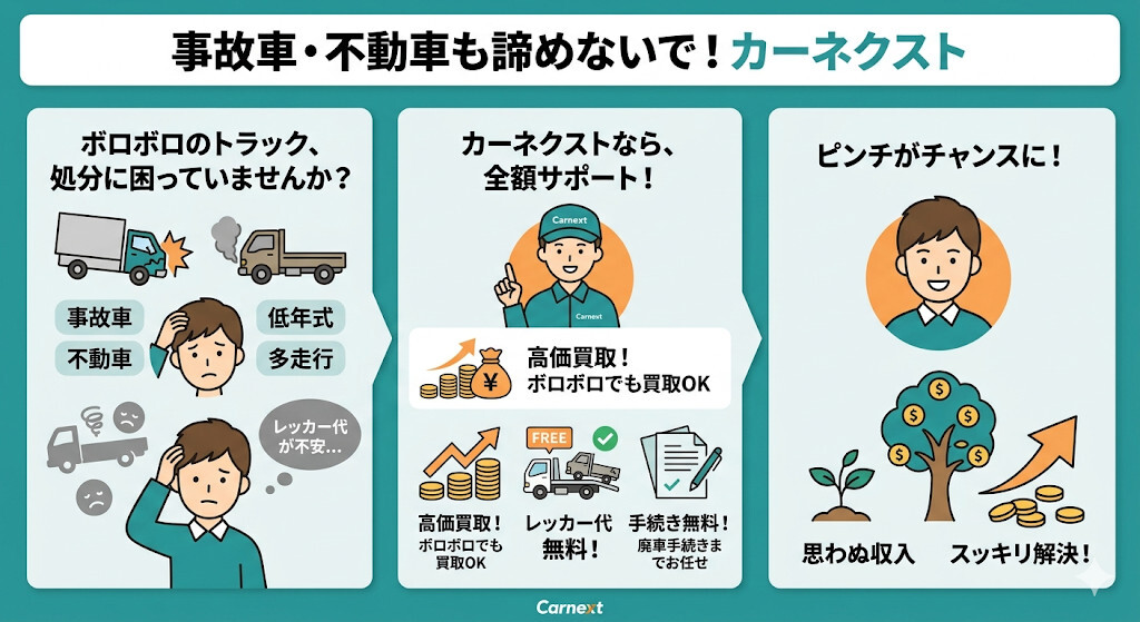 ボロボロでも諦めないで!事故車・不動車なら「カーネクスト」をわかりやすく図解