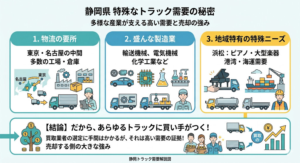 静岡県ならではの特殊なトラック需要とはをわかりやすく図解