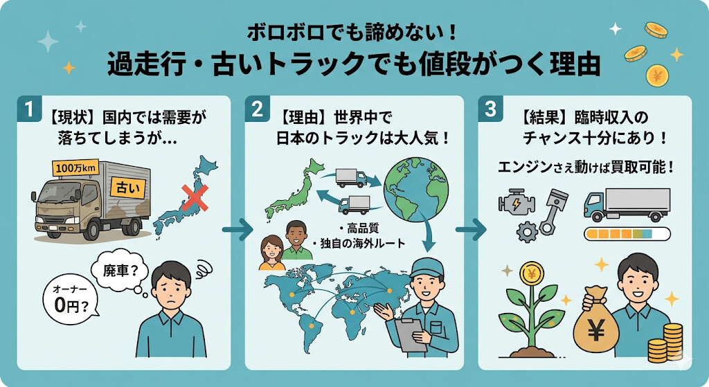 過走行車や古いトラックでも値段がつく理由をわかりやすく図解