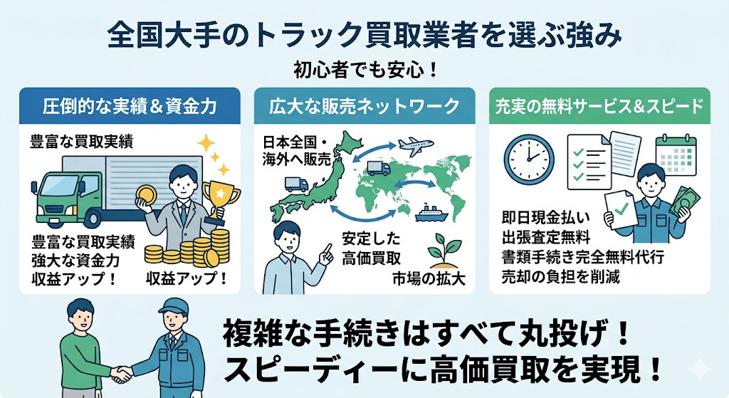 全国大手のトラック買取業者を選ぶ強みをわかりやすく図解
