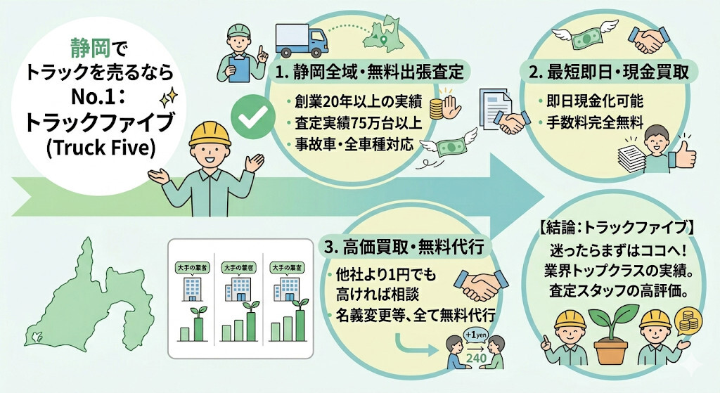 第1位:トラックファイブ|静岡のトラック買取で即日現金・実績No.1をわかりやすく図解