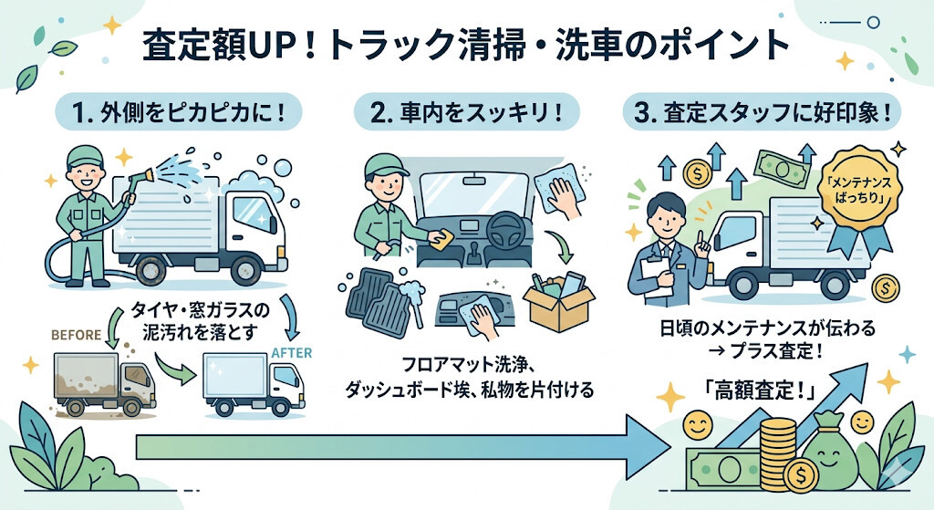 トラックの清掃と洗車を念入りに行うをわかりやすく図解