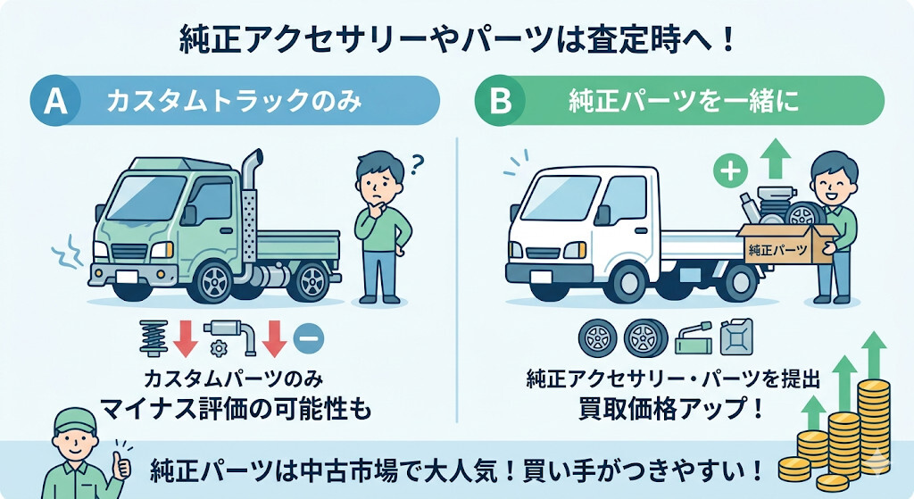 純正アクセサリーやパーツを一緒に査定へ出すをわかりやすく図解