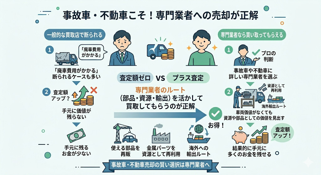 事故車・不動車の買取に強い専門業者を選ぶをわかりやすく図解