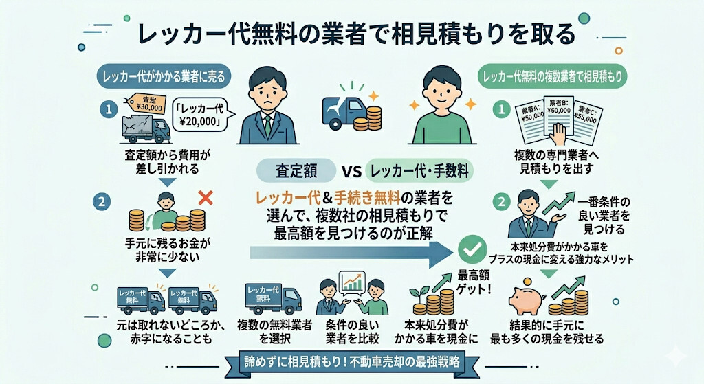 レッカー代無料の業者で相見積もりを取るをわかりやすく図解