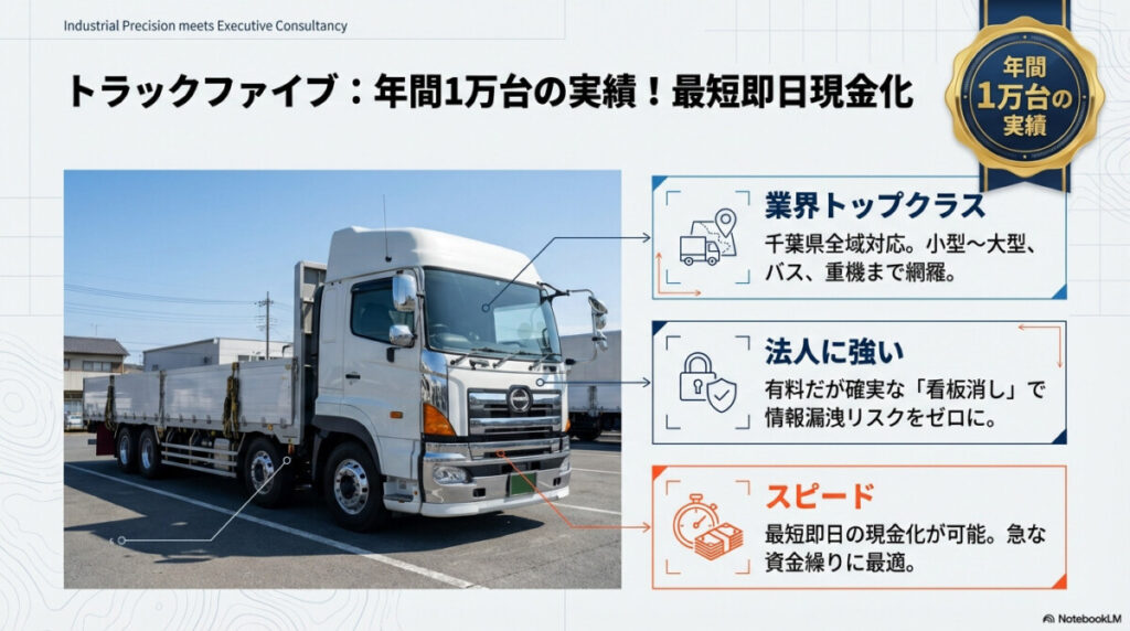 トラックファイブ:年間1万台の実績!最短即日の現金化と確実な看板消しが魅力