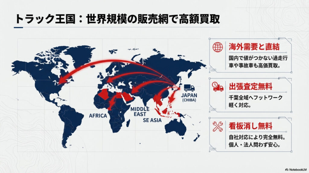 トラック王国:世界規模の販売網で高額買取!出張査定無料でローン残債にも強い