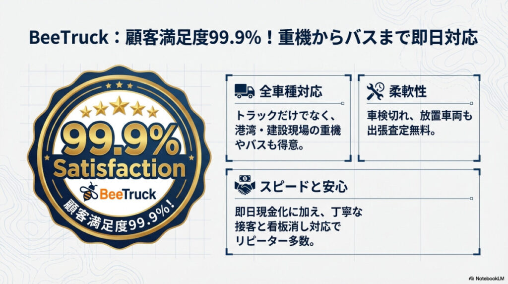 BeeTruck(ビートラック):顧客満足度99.9%!トラックから重機まで即日現金化に対応