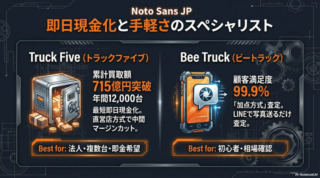 1. トラックファイブ:年間12,000台の実績と最短即日現金化
