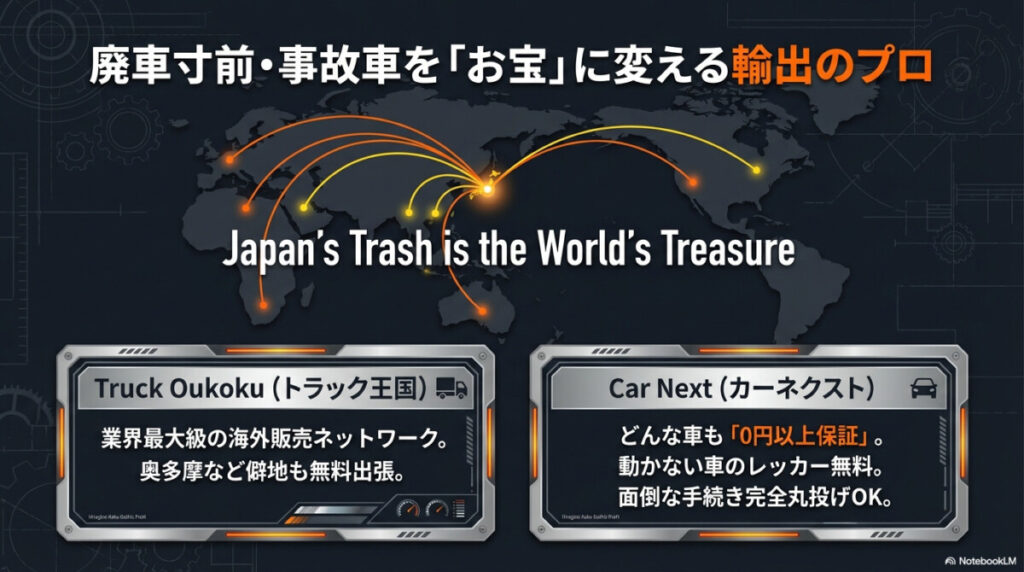 2. トラック王国:廃車寸前・事故車でも強力な海外販路で高価買取