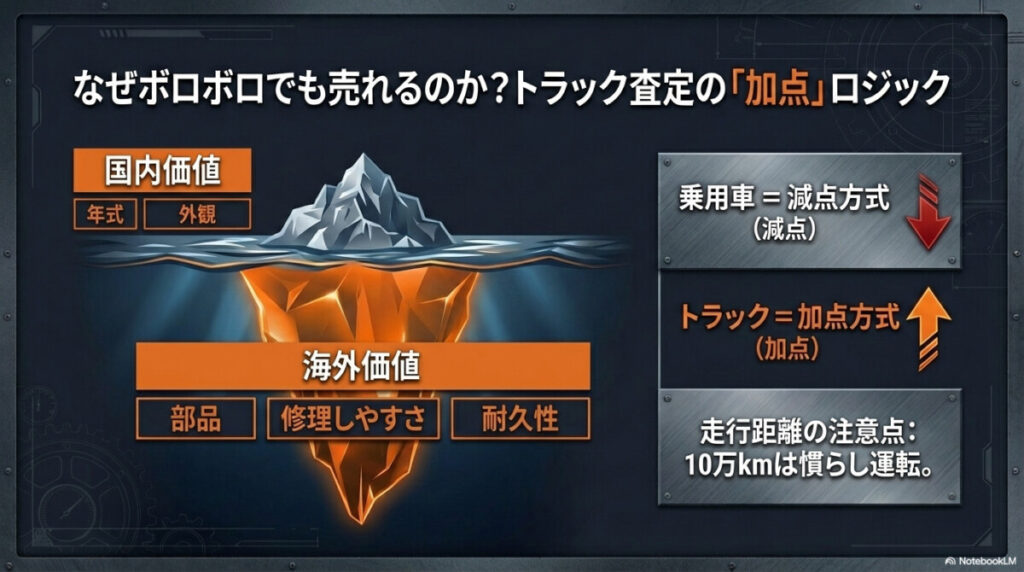 あなたのトラックはいくら?状態別・減額 / 加点シミュレーション表(過走行・事故車対応)