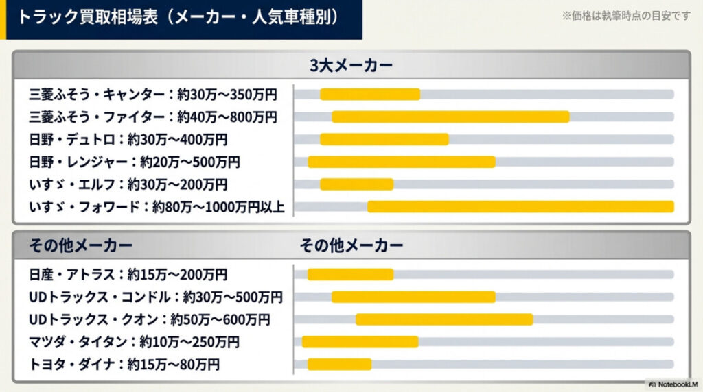 茨城のトラック買取相場表(メーカー・人気車種別)
