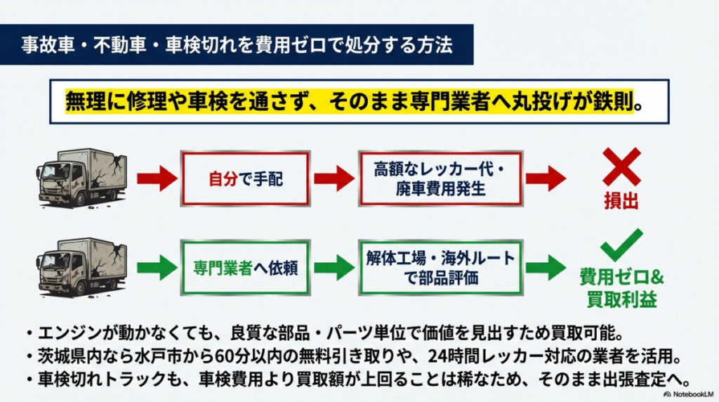 事故車・不動車・車検切れトラックを茨城で費用ゼロで処分(買取)する方法