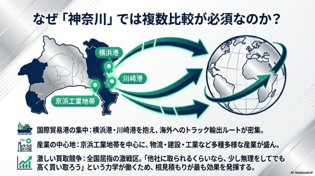 なぜ神奈川(横浜港・川崎港など)では出張買取の複数比較が必須なのか?